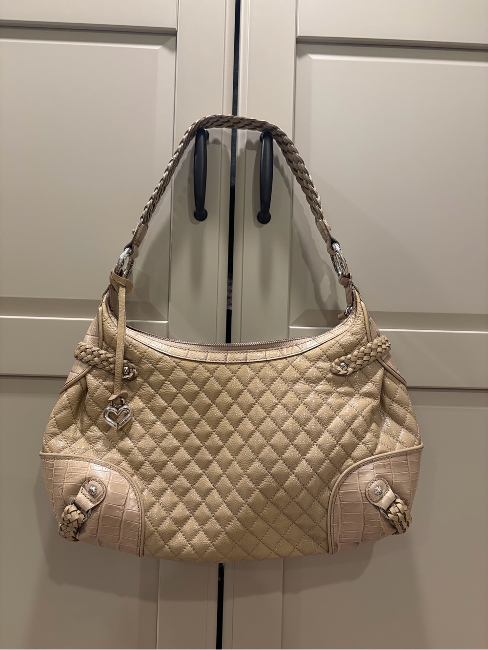 Quilted Beige Brighton Shoulder Bag with Braided Handle